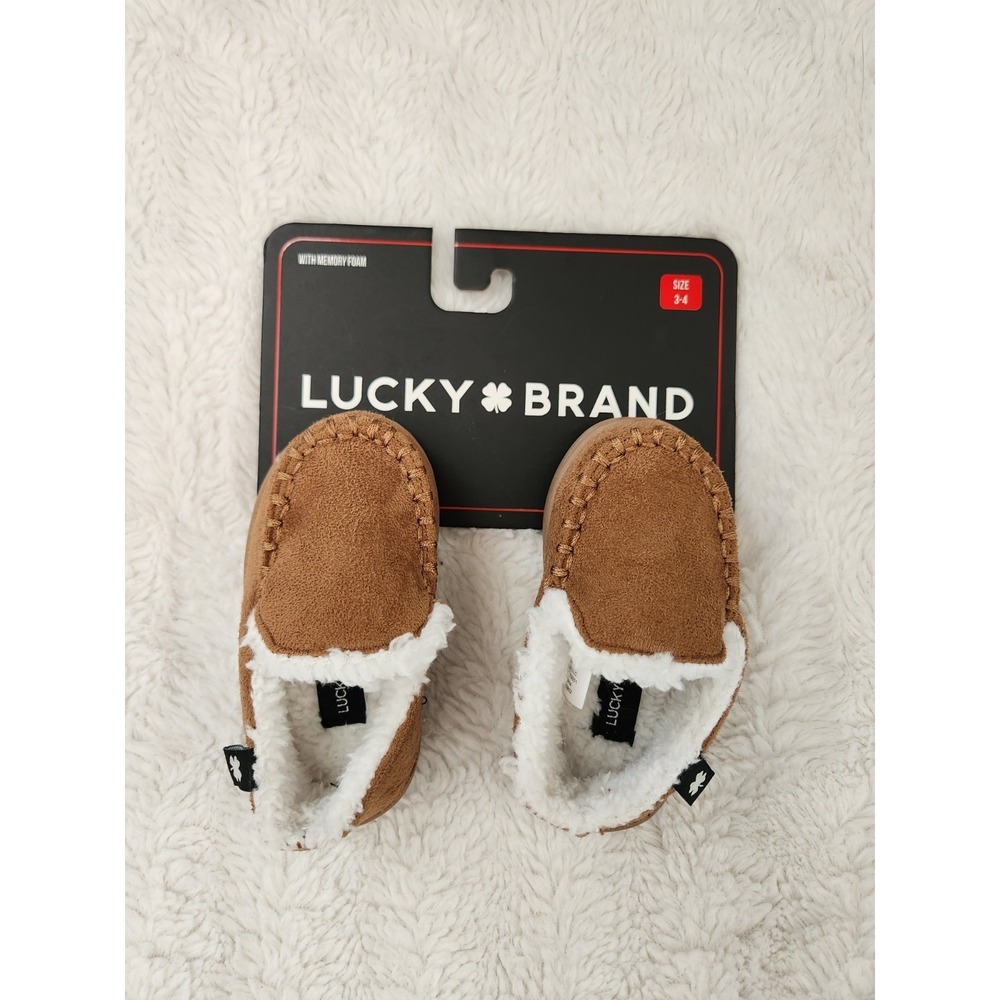Lucky Brand Toddler Slipper Moccasins Memory Foam Tan Faux Suede Size‎ 3-4 NEW